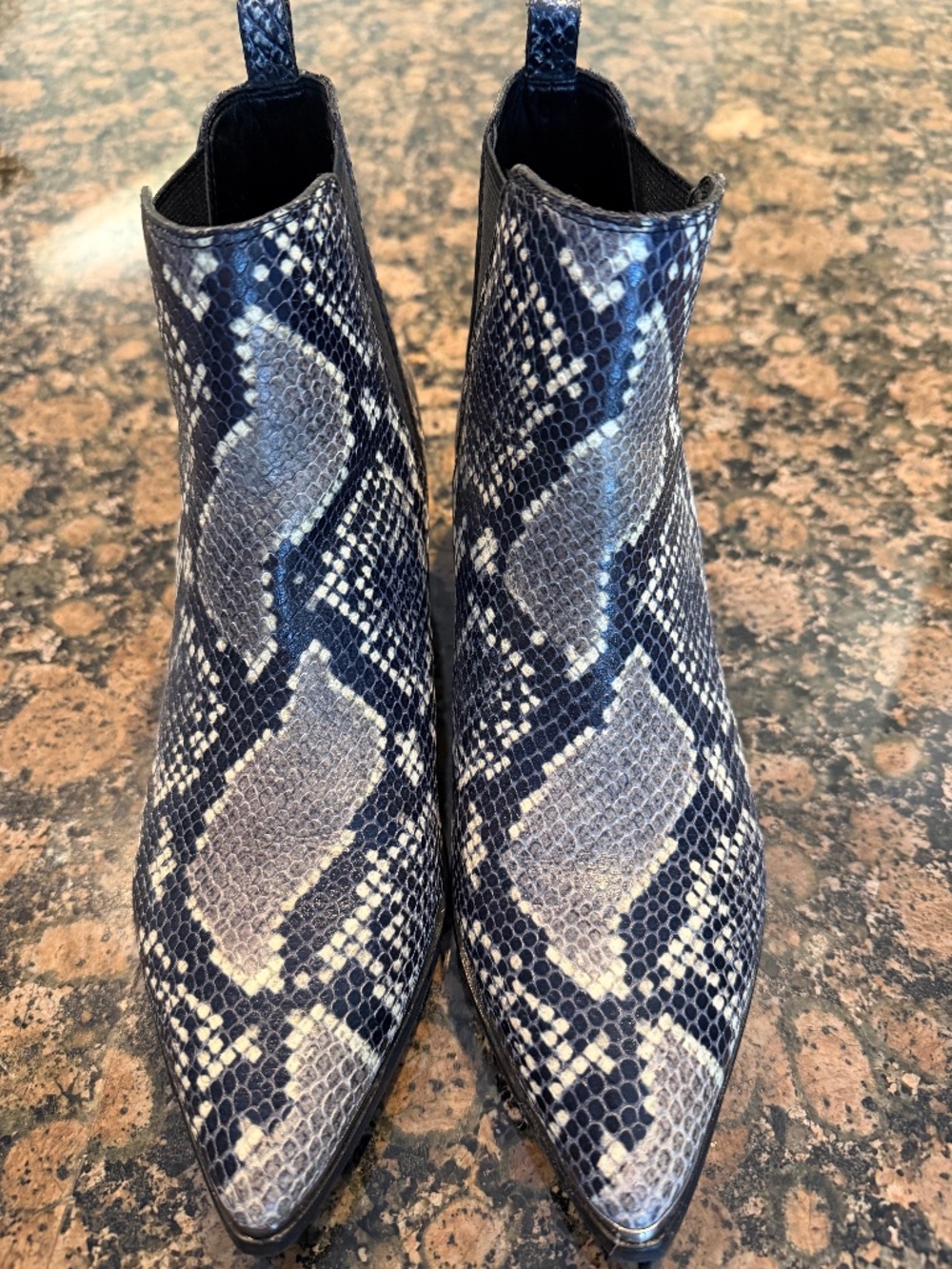 MARC FISHER BLACK/WHITE SNAKE PRINT CHELSEA BOOTS